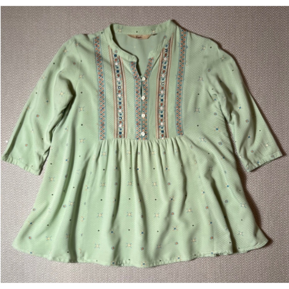 Sage Green Embroidered‎ Peasant Top L Boho Cottagecore Babydoll Blouse Flowy